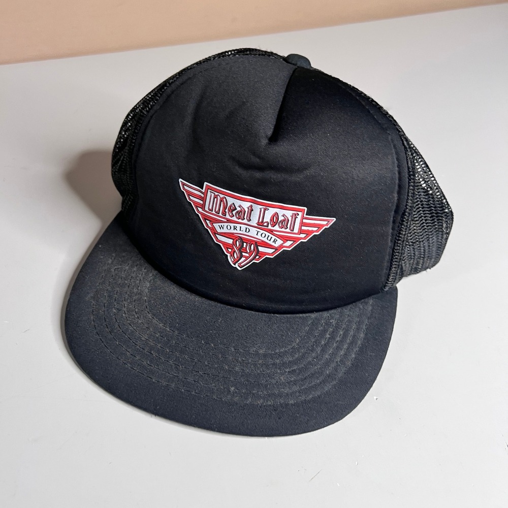 Vintage 1989 Meat Loaf World Tour Trucker Hat Showcase Yupoong Black Snapback